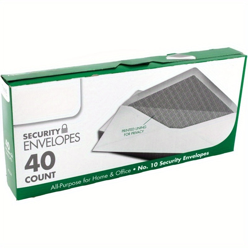 #10 Envelopes, Security Printed Lining for Privacy, Gummed Closure, All-Purpose 20-Ib Paper, 4-1/8" x 9-1/2", White, 40 Letter Size Envelopes per Box (75214)