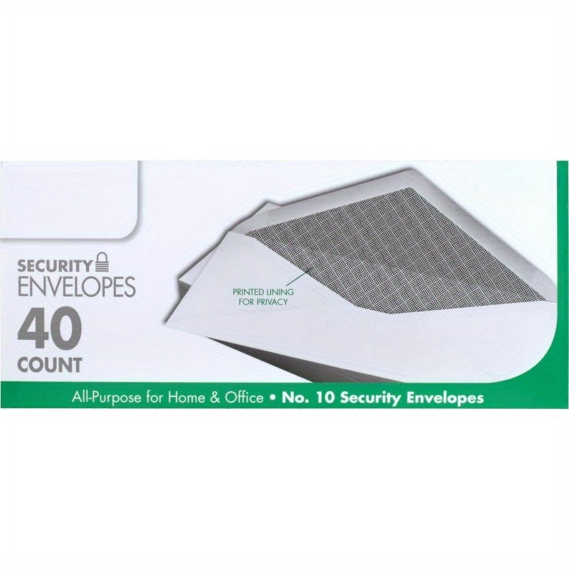 #10 Envelopes, Security Printed Lining for Privacy, Gummed Closure, All-Purpose 20-Ib Paper, 4-1/8" x 9-1/2", White, 40 Letter Size Envelopes per Box (75214)