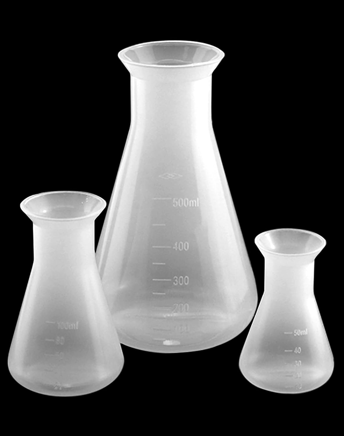 Erlenmeyer Flask, 3 Pack Clear Scale Plastic Conical Flask for Laboratory School Educational Learning Standard Capacity 50ml+100ml+500ml
