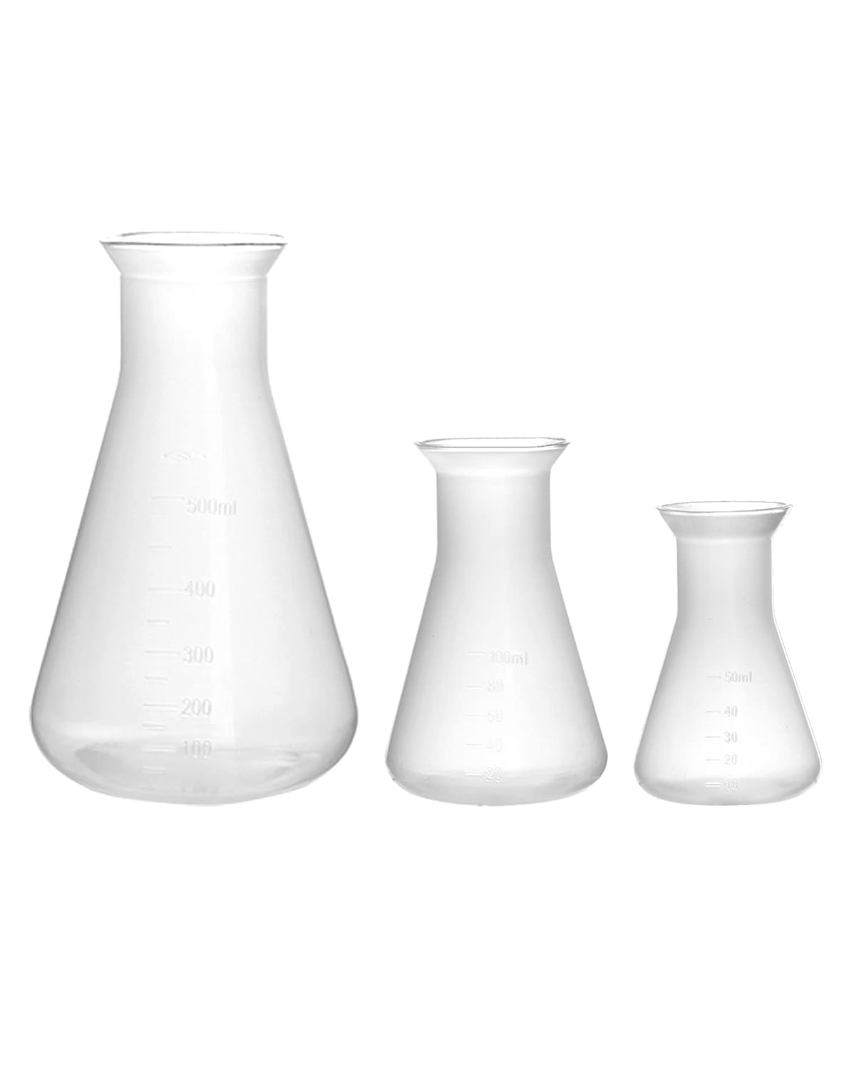 Erlenmeyer Flask, 3 Pack Clear Scale Plastic Conical Flask for Laboratory School Educational Learning Standard Capacity 50ml+100ml+500ml