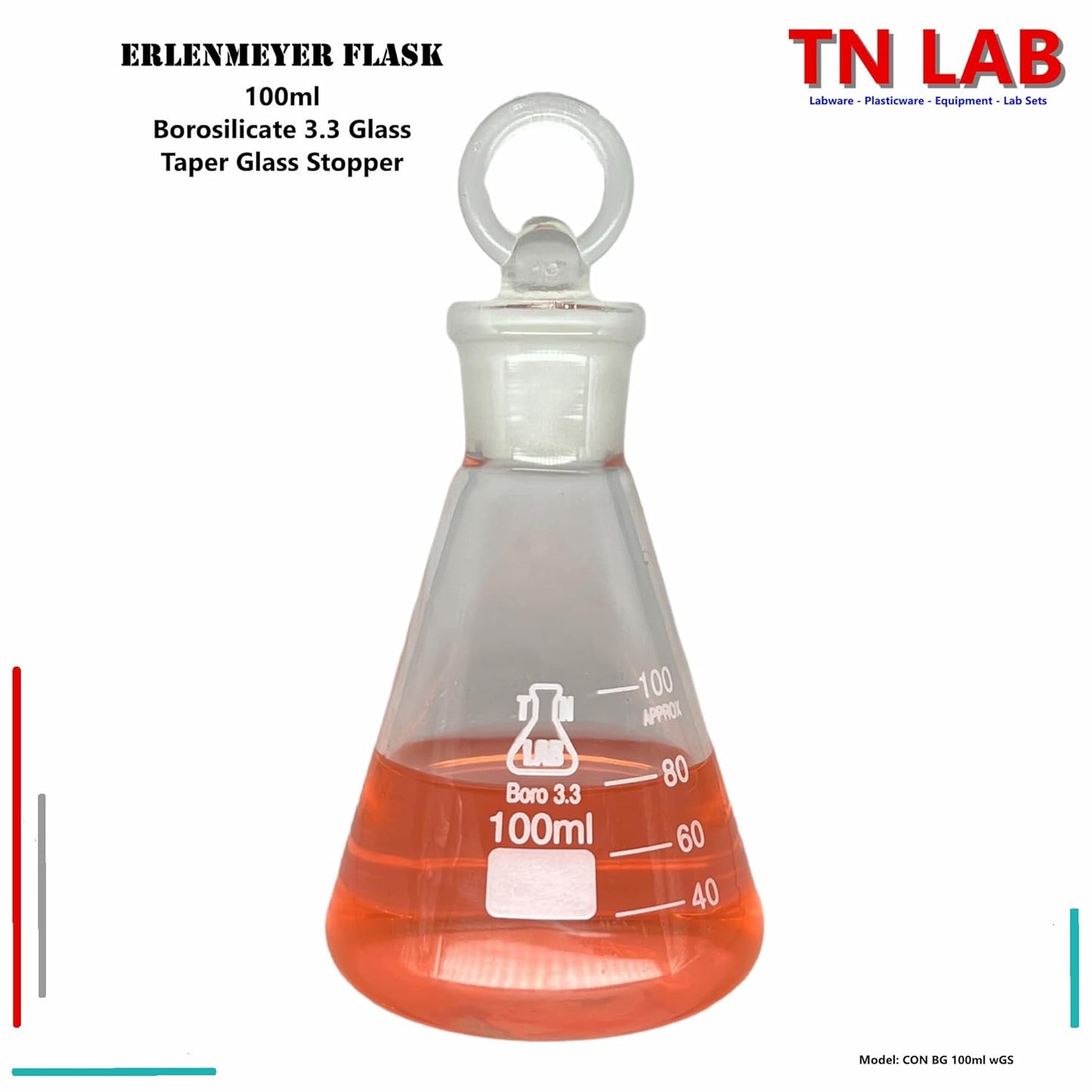 Erlenmeyer Flask 100ml Borosilicate 3.3 Glass with 19/22 Standard Jointed Glass Stopper