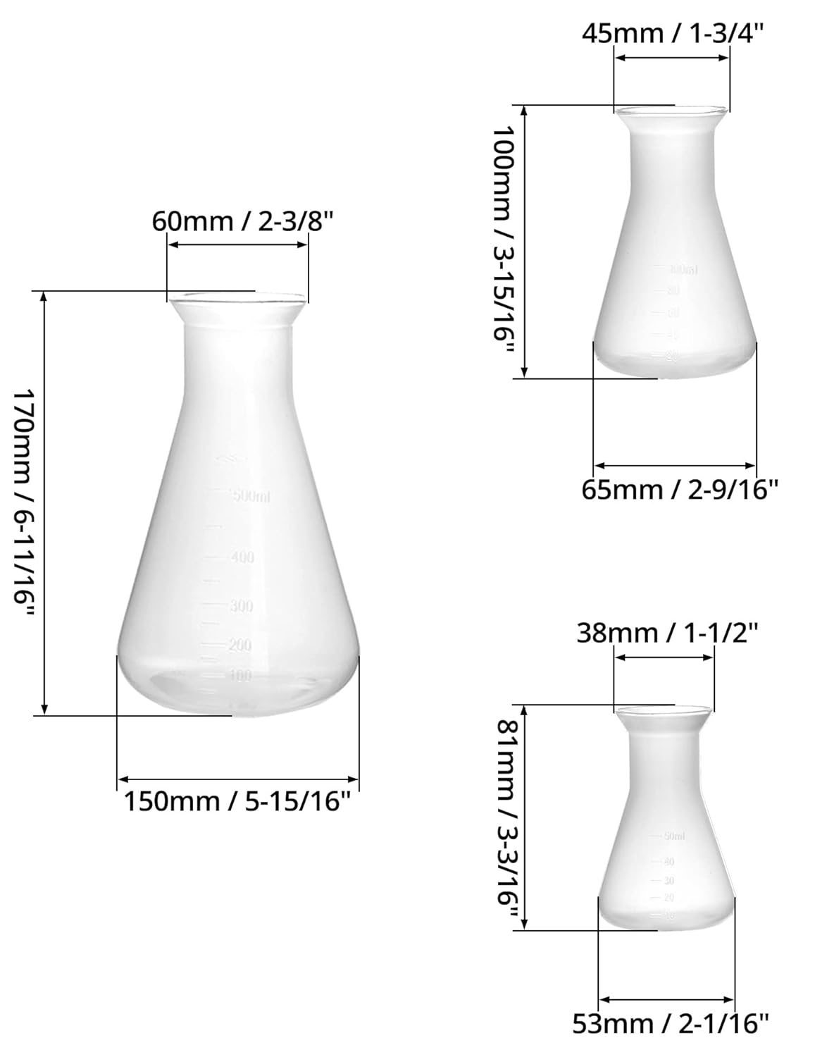 Erlenmeyer Flask, 3 Pack Clear Scale Plastic Conical Flask for Laboratory School Educational Learning Standard Capacity 50ml+100ml+500ml