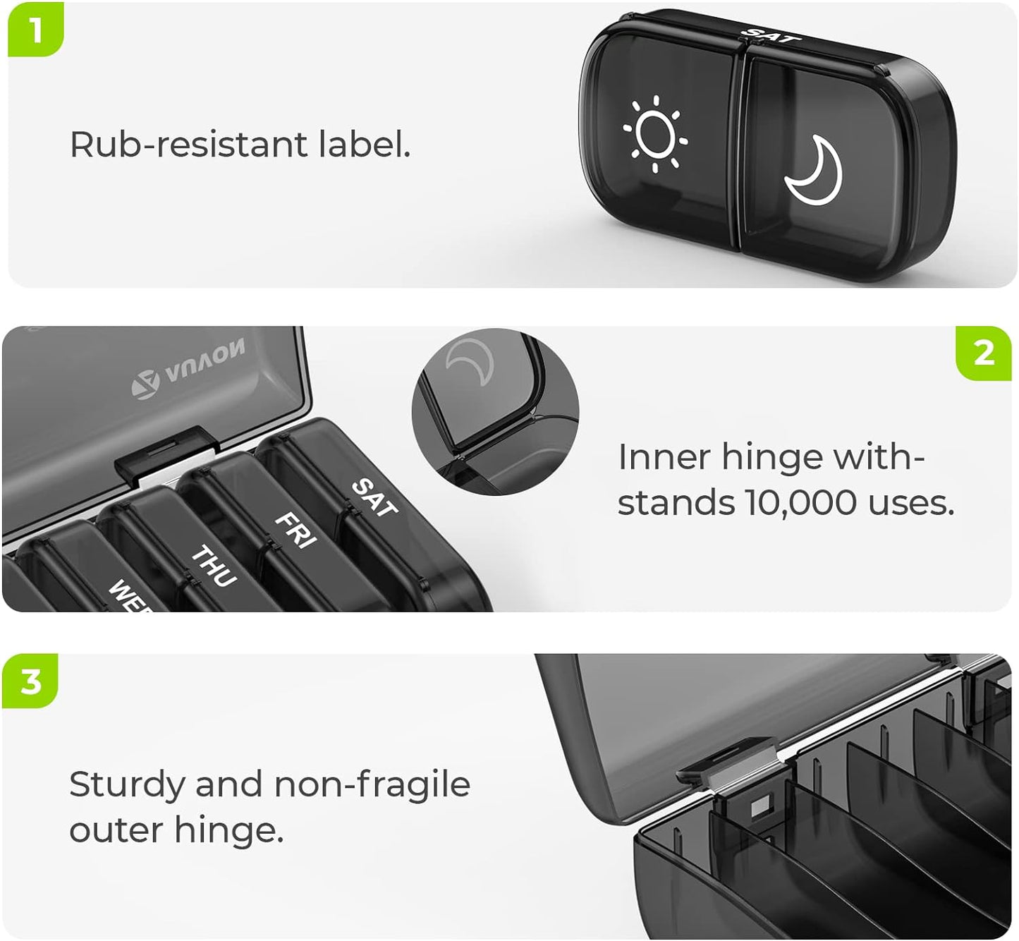 XL Weekly Pill Organizer 2 Times a Day, Pill Box 7 Day with One-Side Large Openings for Easy to Use, Black Privacy Protection AM PM Pill Case for Medication, Vitamins, Fish Oils, Supplements