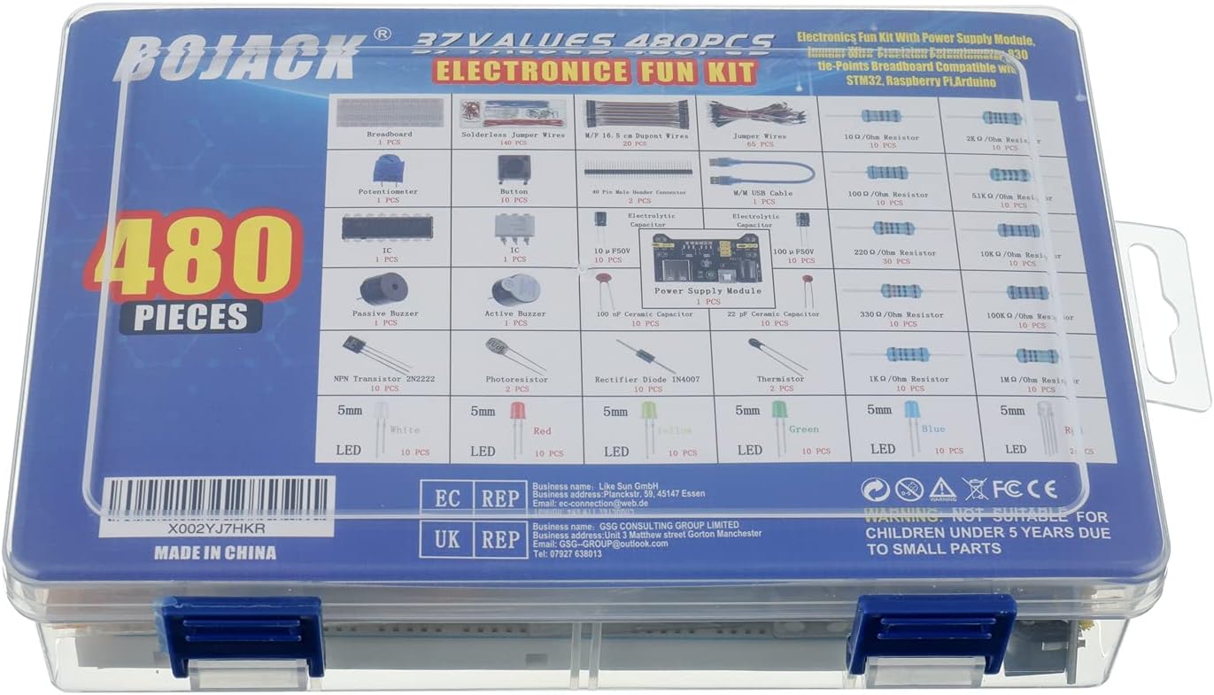 37 Values 480 Pcs Electronics Component Fun Kit with Power Supply Module, Jumper Wire,Precision Potentiometer,830 tie-Points Breadboard Compatible with STM32,Raspberry Pi,Arduino