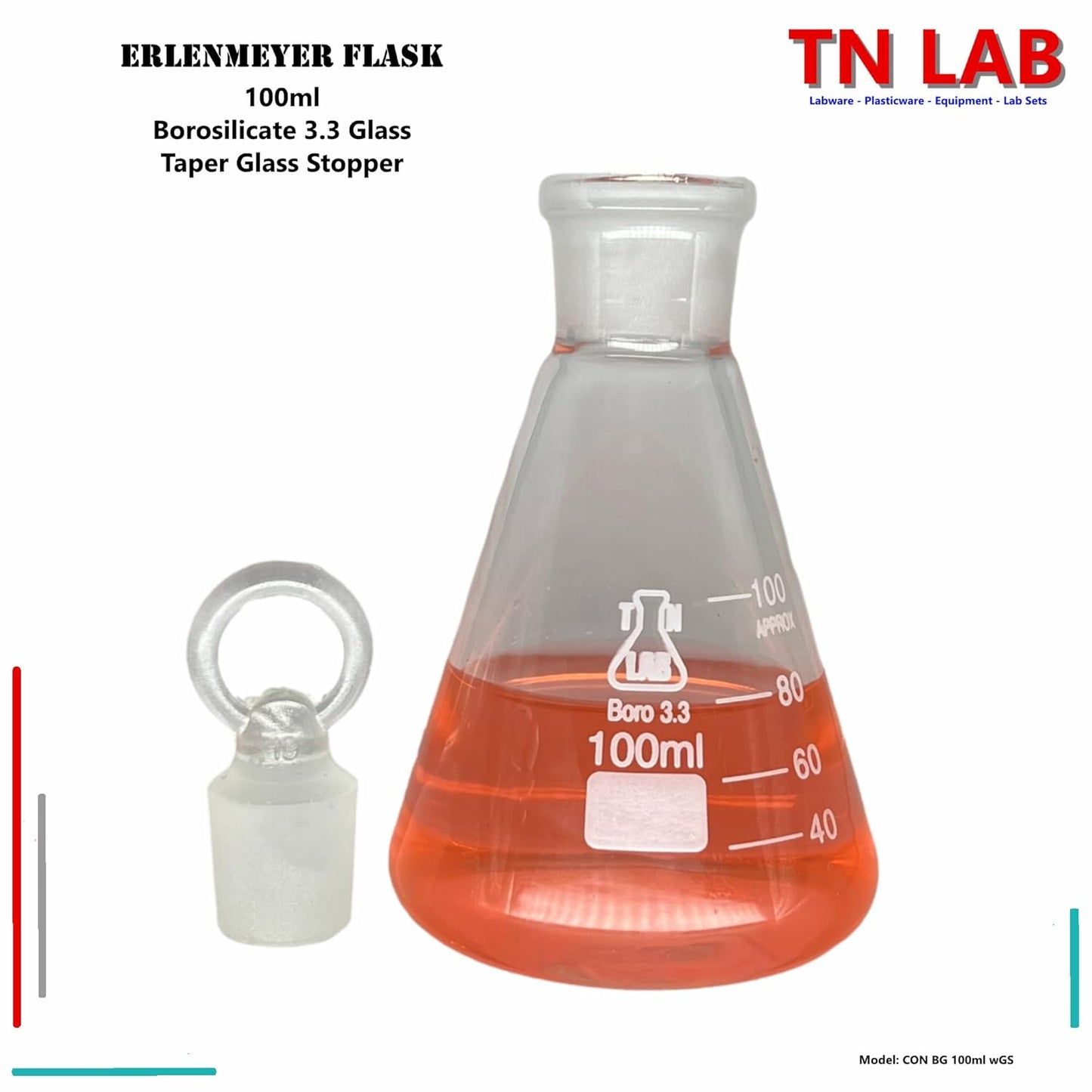 Erlenmeyer Flask 100ml Borosilicate 3.3 Glass with 19/22 Standard Jointed Glass Stopper