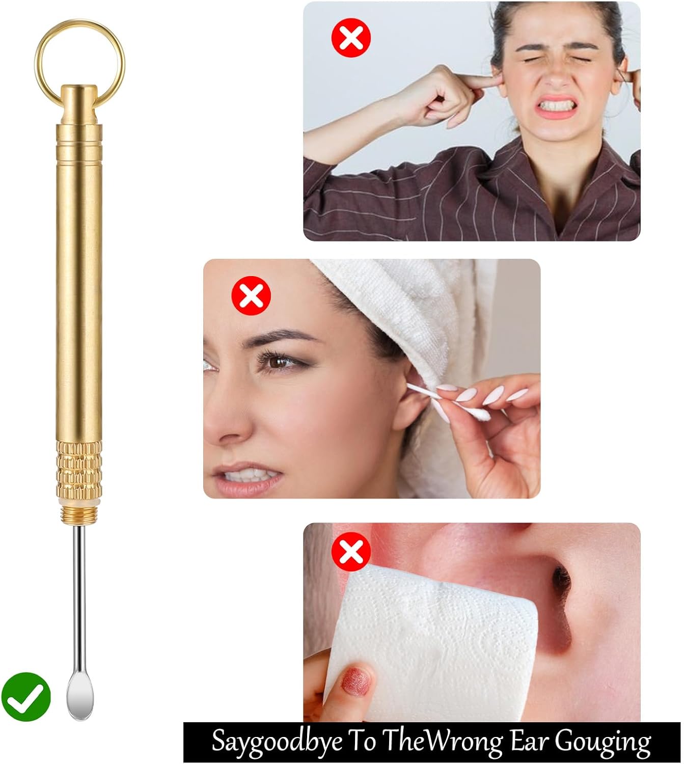 2 PCS Ear Wax Removal Tool, Brass Ear Scoop Folding Type Copper Ear-Pick Cleaner Portable Ear Wax Removal Tools Spiral Ear Clean Tool Attached A Key Ring Mini Tool Supplies, Gold