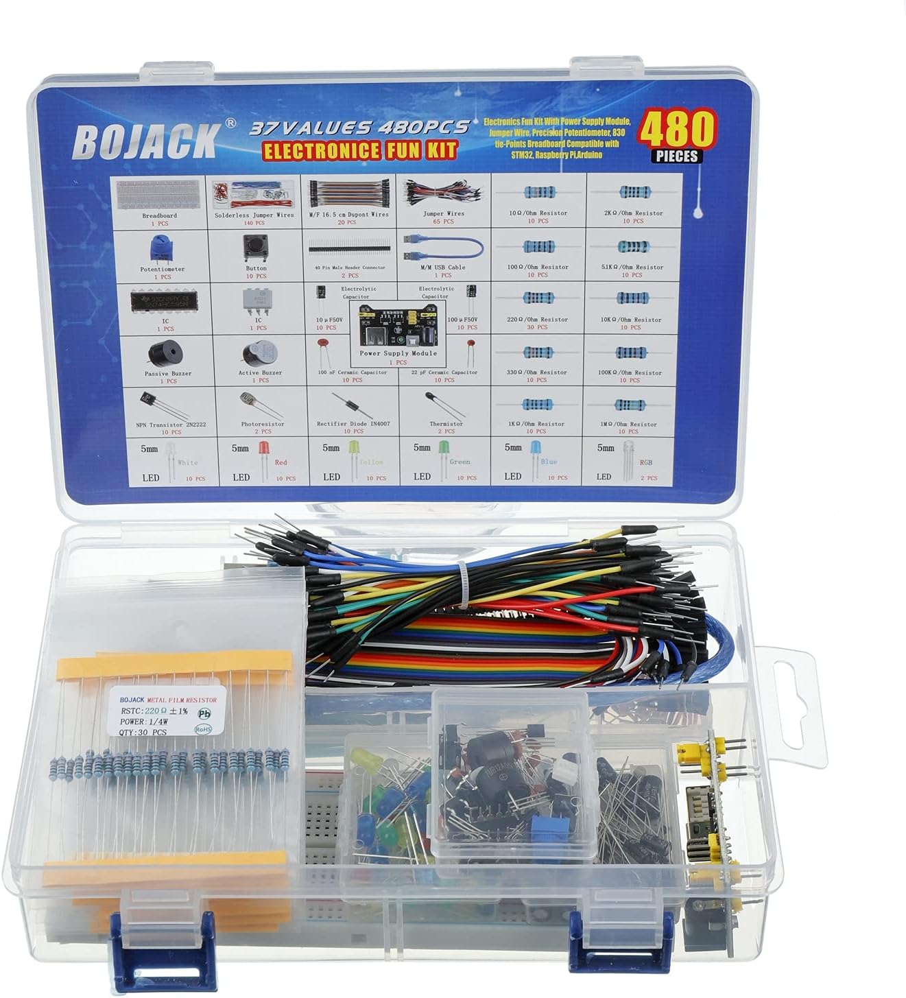 37 Values 480 Pcs Electronics Component Fun Kit with Power Supply Module, Jumper Wire,Precision Potentiometer,830 tie-Points Breadboard Compatible with STM32,Raspberry Pi,Arduino