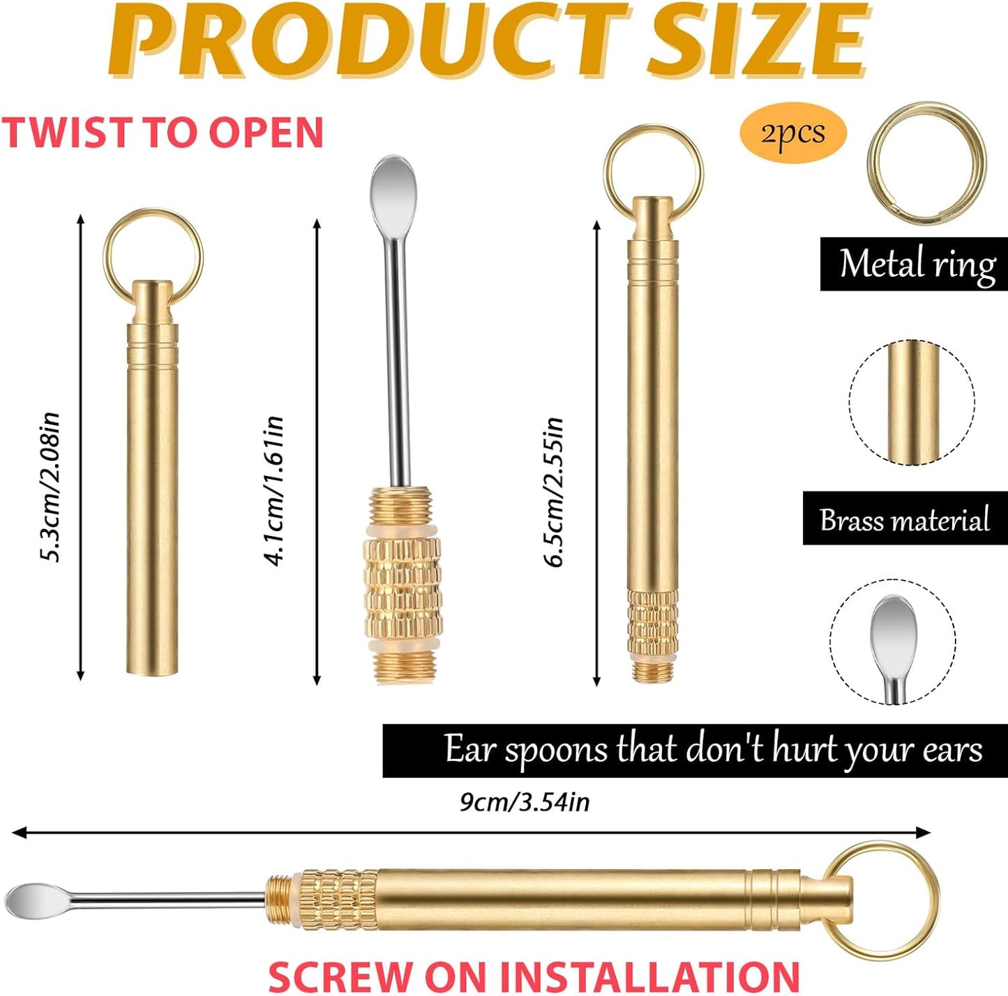 2 PCS Ear Wax Removal Tool, Brass Ear Scoop Folding Type Copper Ear-Pick Cleaner Portable Ear Wax Removal Tools Spiral Ear Clean Tool Attached A Key Ring Mini Tool Supplies, Gold