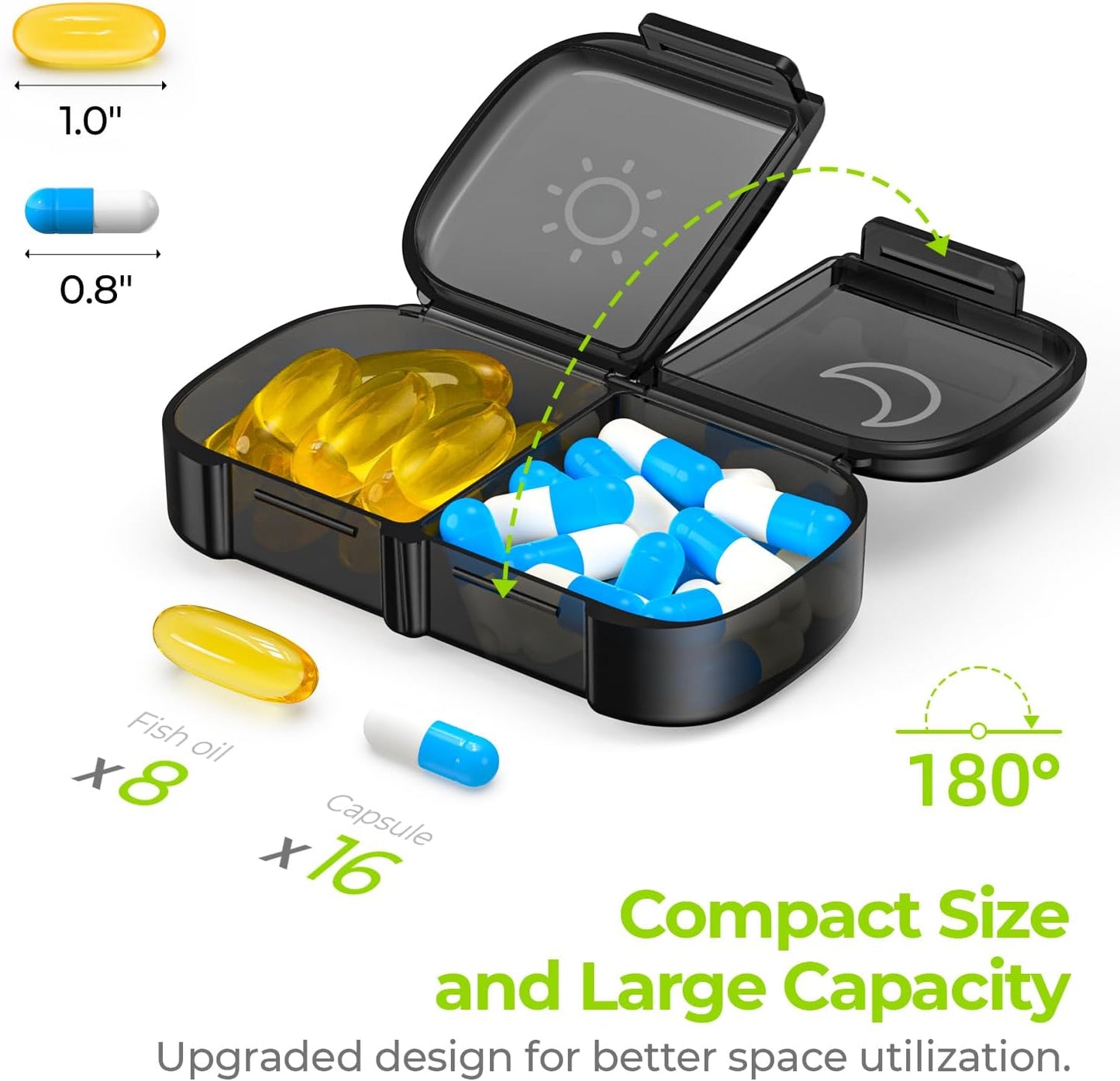 XL Weekly Pill Organizer 2 Times a Day, Pill Box 7 Day with One-Side Large Openings for Easy to Use, Black Privacy Protection AM PM Pill Case for Medication, Vitamins, Fish Oils, Supplements