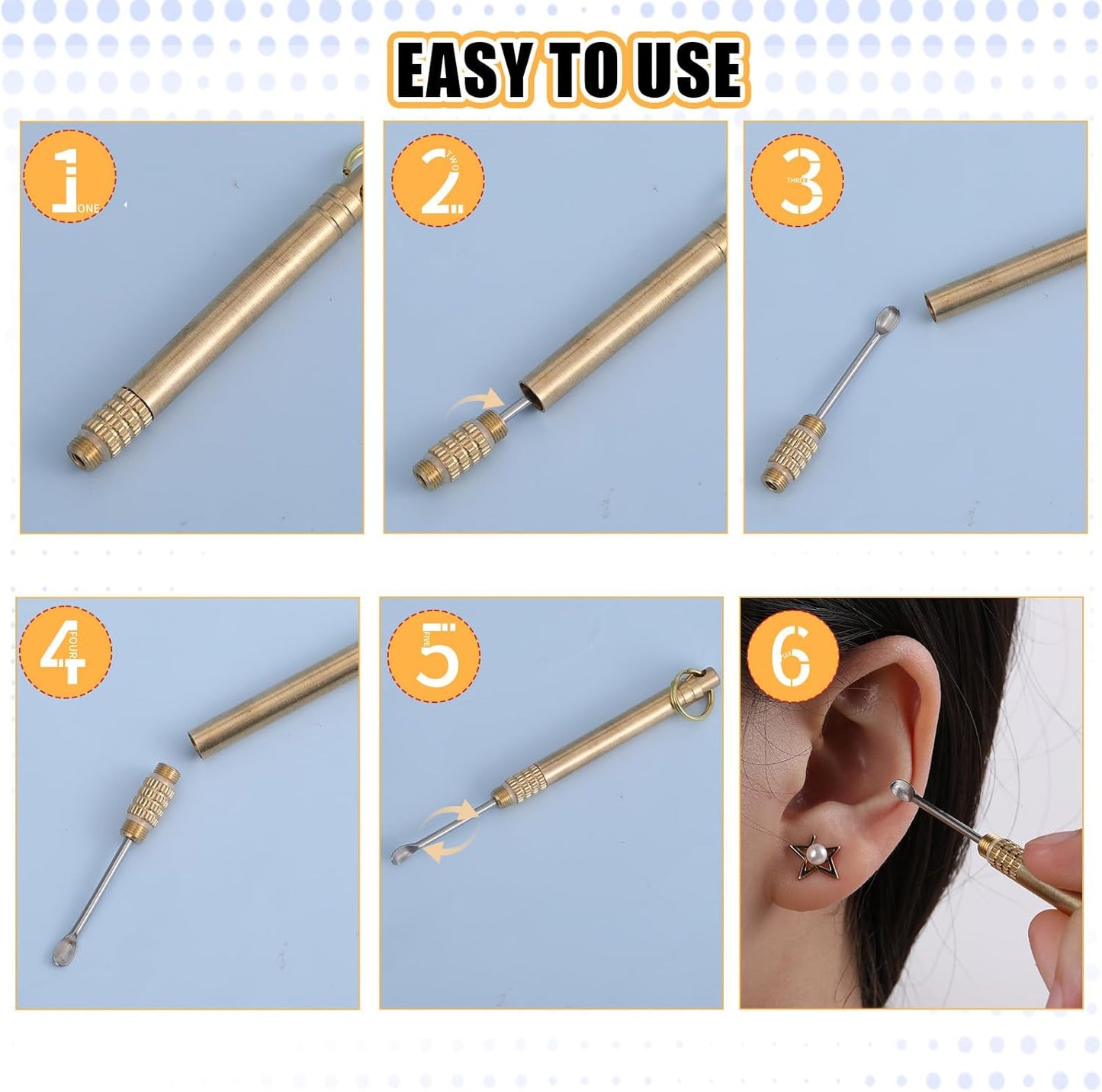 2 PCS Ear Wax Removal Tool, Brass Ear Scoop Folding Type Copper Ear-Pick Cleaner Portable Ear Wax Removal Tools Spiral Ear Clean Tool Attached A Key Ring Mini Tool Supplies, Gold