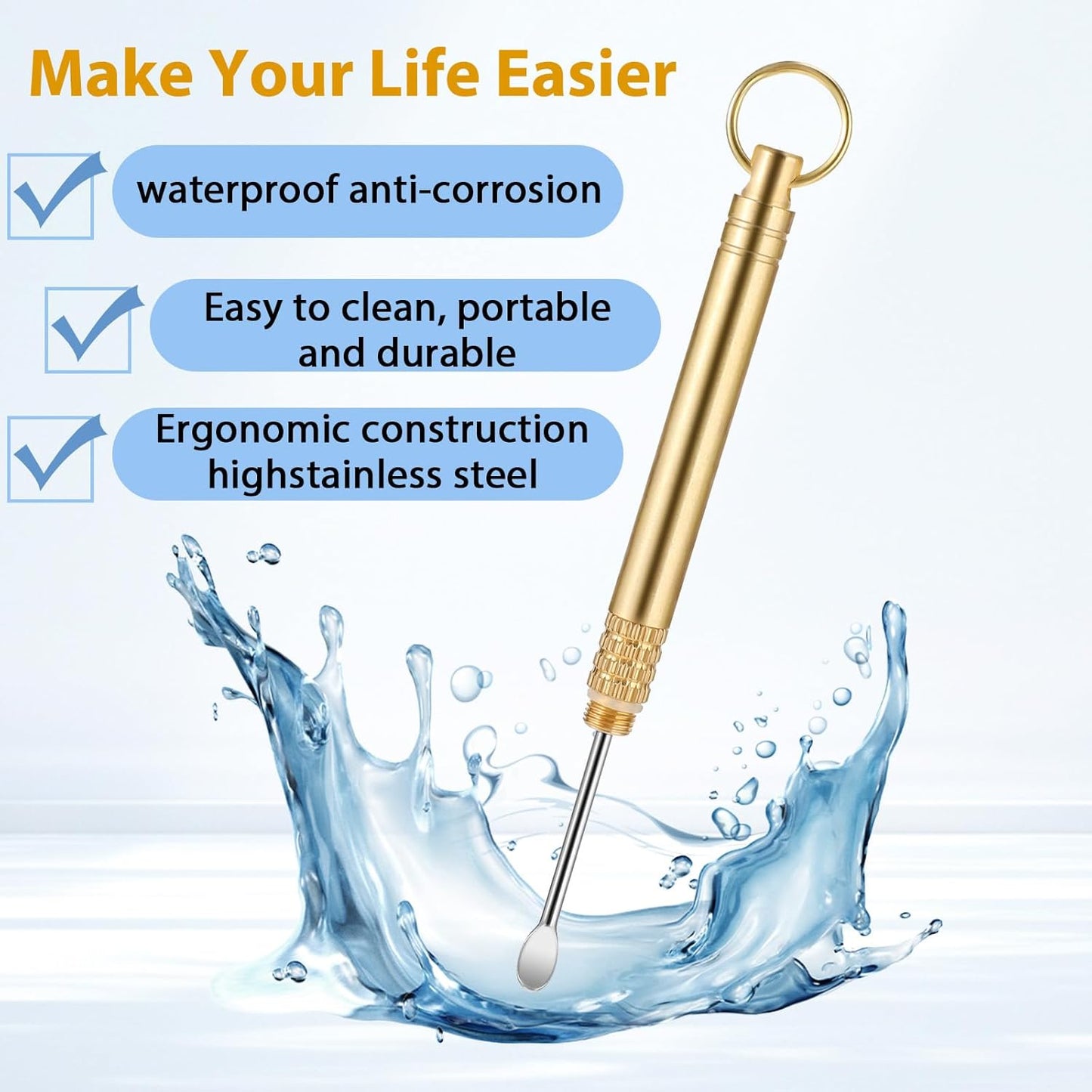2 PCS Ear Wax Removal Tool, Brass Ear Scoop Folding Type Copper Ear-Pick Cleaner Portable Ear Wax Removal Tools Spiral Ear Clean Tool Attached A Key Ring Mini Tool Supplies, Gold