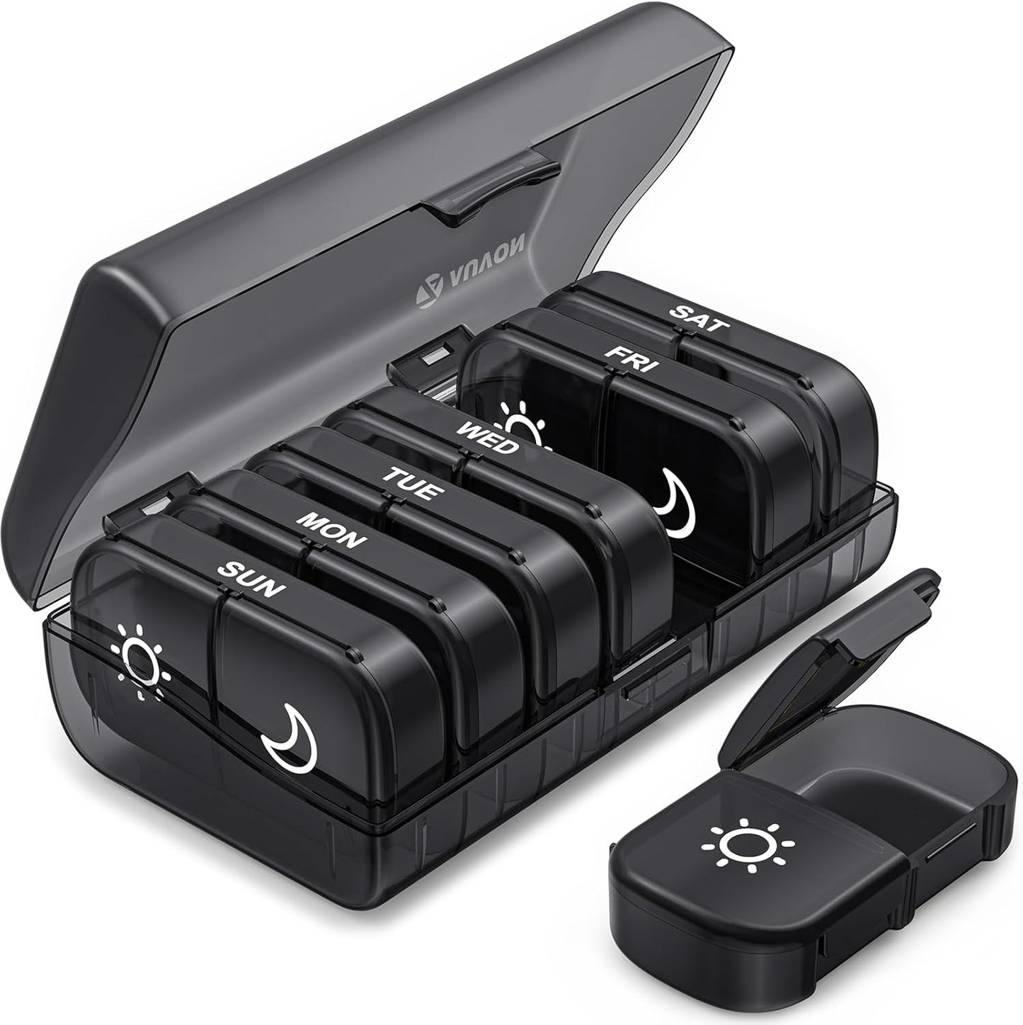 XL Weekly Pill Organizer 2 Times a Day, Pill Box 7 Day with One-Side Large Openings for Easy to Use, Black Privacy Protection AM PM Pill Case for Medication, Vitamins, Fish Oils, Supplements Black