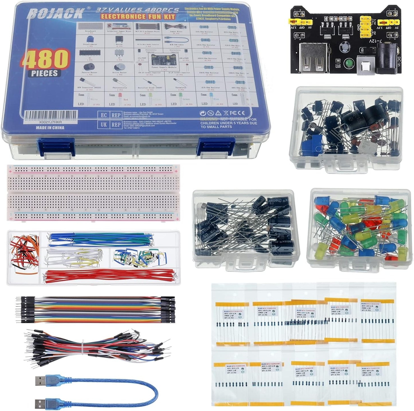 37 Values 480 Pcs Electronics Component Fun Kit with Power Supply Module, Jumper Wire,Precision Potentiometer,830 tie-Points Breadboard Compatible with STM32,Raspberry Pi,Arduino