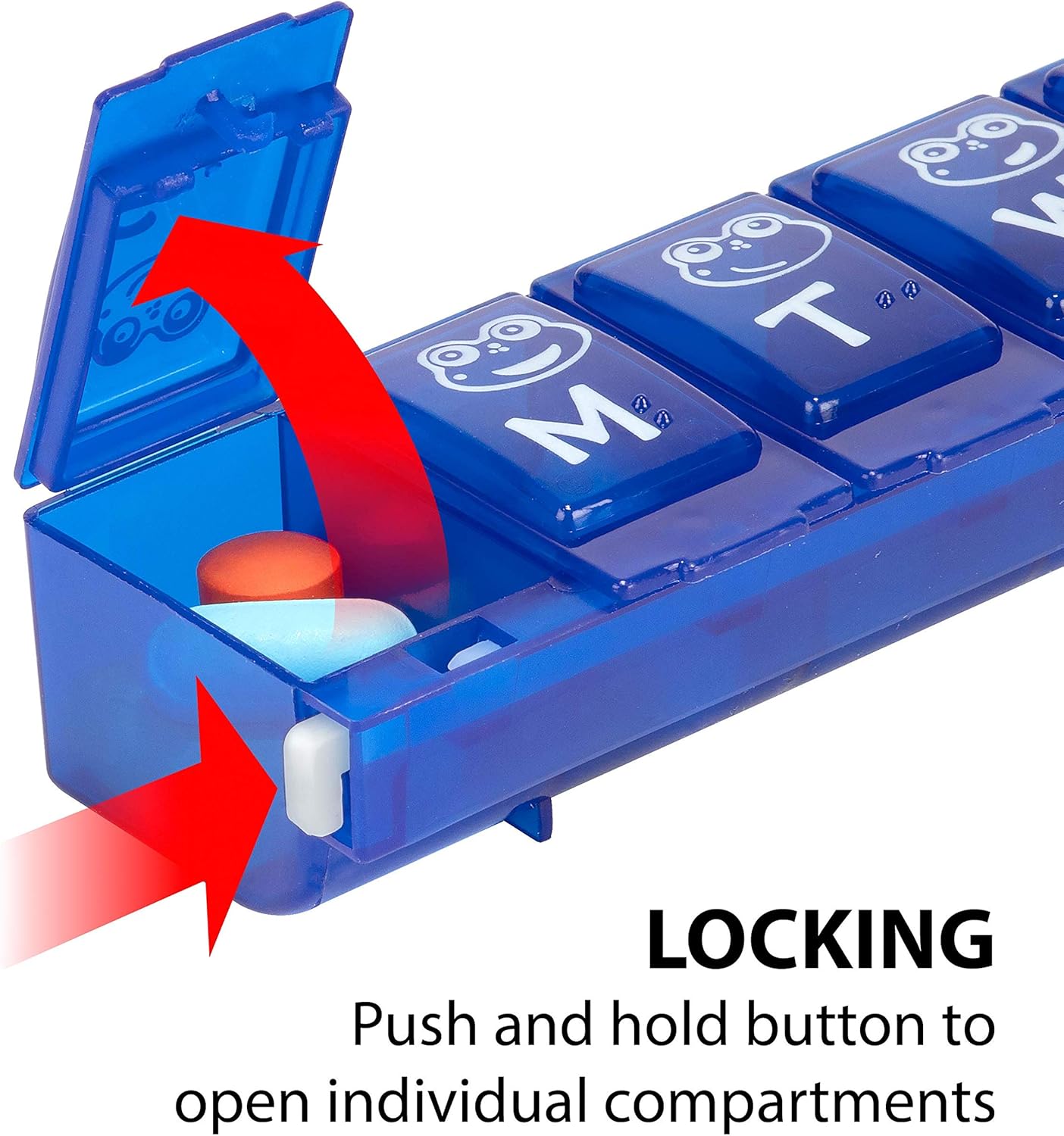 Kids Weekly (7-Day) Pill Case, Medicine Planner, Vitamin Organizer Box, Large Locking Compartments to Secure Prescription Medication and Prevent Accidental Spilling, Color May Vary, BPA Free