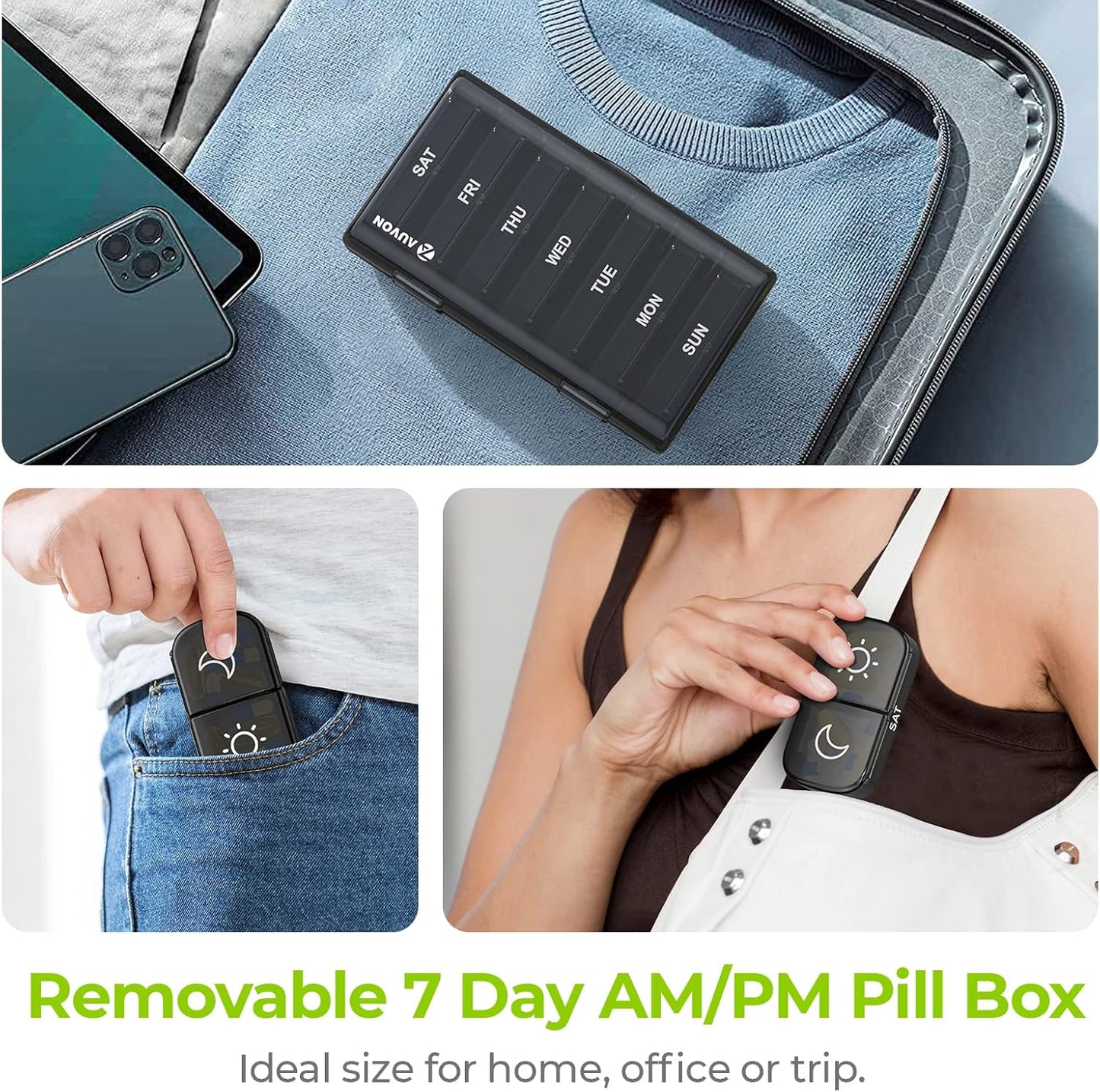 XL Weekly Pill Organizer 2 Times a Day, Pill Box 7 Day with One-Side Large Openings for Easy to Use, Black Privacy Protection AM PM Pill Case for Medication, Vitamins, Fish Oils, Supplements