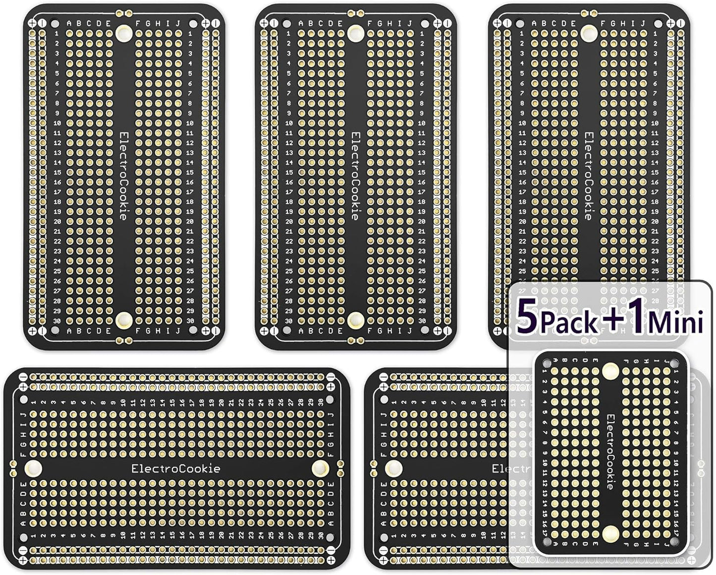 Prototype PCB Solderable Breadboard for Electronics Projects Compatible for DIY Arduino Soldering Projects, Gold-Plated (5 Pack + 1 Mini Board, Matte Black)