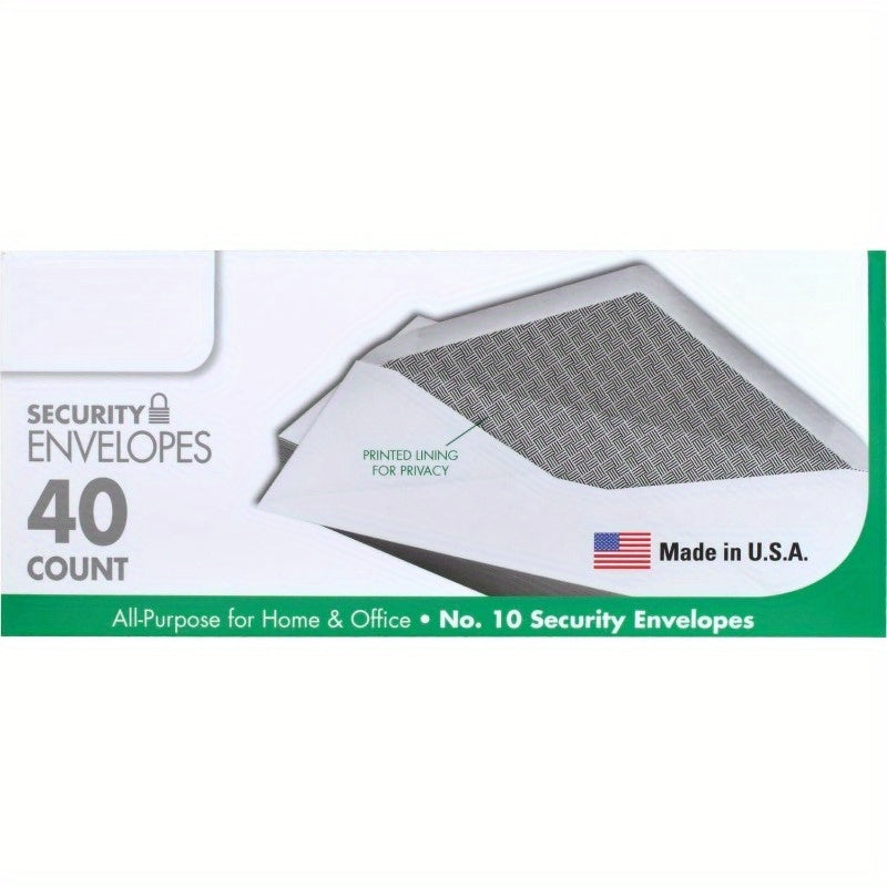 #10 Envelopes, Security Printed Lining for Privacy, Gummed Closure, All-Purpose 20-Ib Paper, 4-1/8" x 9-1/2", White, 40 Letter Size Envelopes per Box (75214)