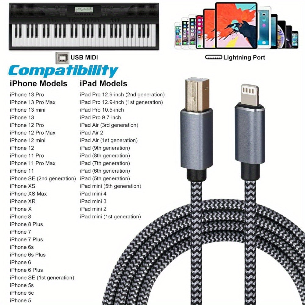 USB MIDI Cable for iOS - Lightning to MIDI Adapter for Keyboards, Audio Interfaces, and Music Production (6FT)