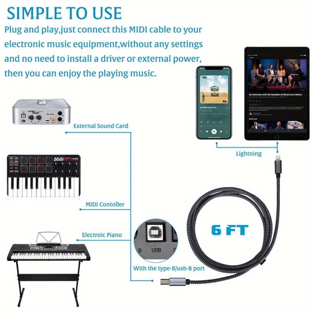 USB MIDI Cable for iOS - Lightning to MIDI Adapter for Keyboards, Audio Interfaces, and Music Production (6FT)