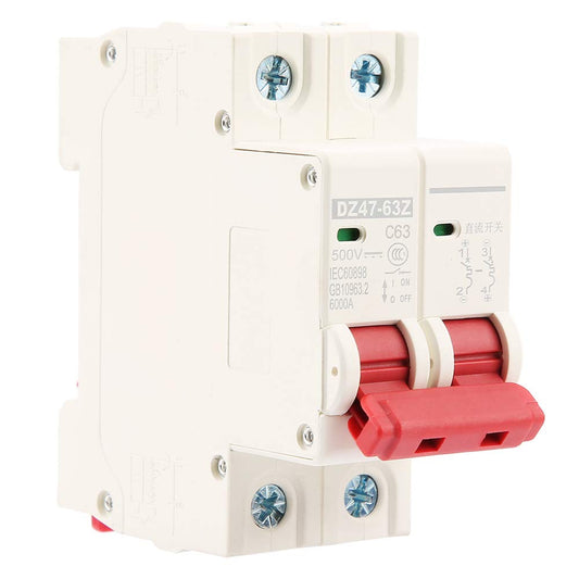 2P Mini Circuit Breaker, DC 500V 63A Protection Air Switch 2 Pole DIN Rail Mount Miniature Safety Overcurrent Breaker DZ47-63Z C63 for Panels Grid PV System Industrial Switches Accessories