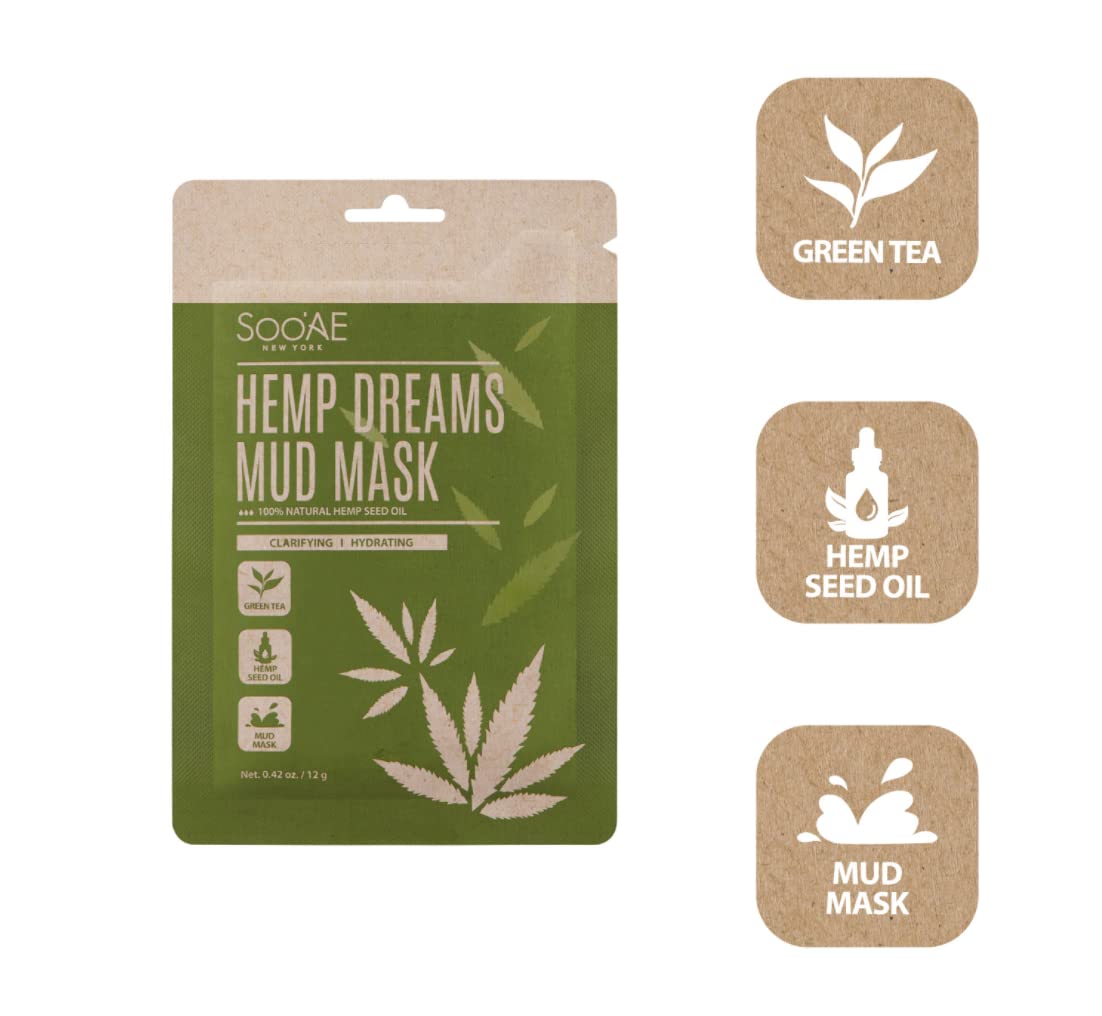 Soo'AE Hemp Dreams Mud Mask [6 Count] 100% Natural Hemp Seed Oil, Best Clarifying & Hydrating, Wash Off Mask with Hemp Seed Oil & Kaolin Mud, Premium Quality, Self Home Spa Care, Value 6 Pack