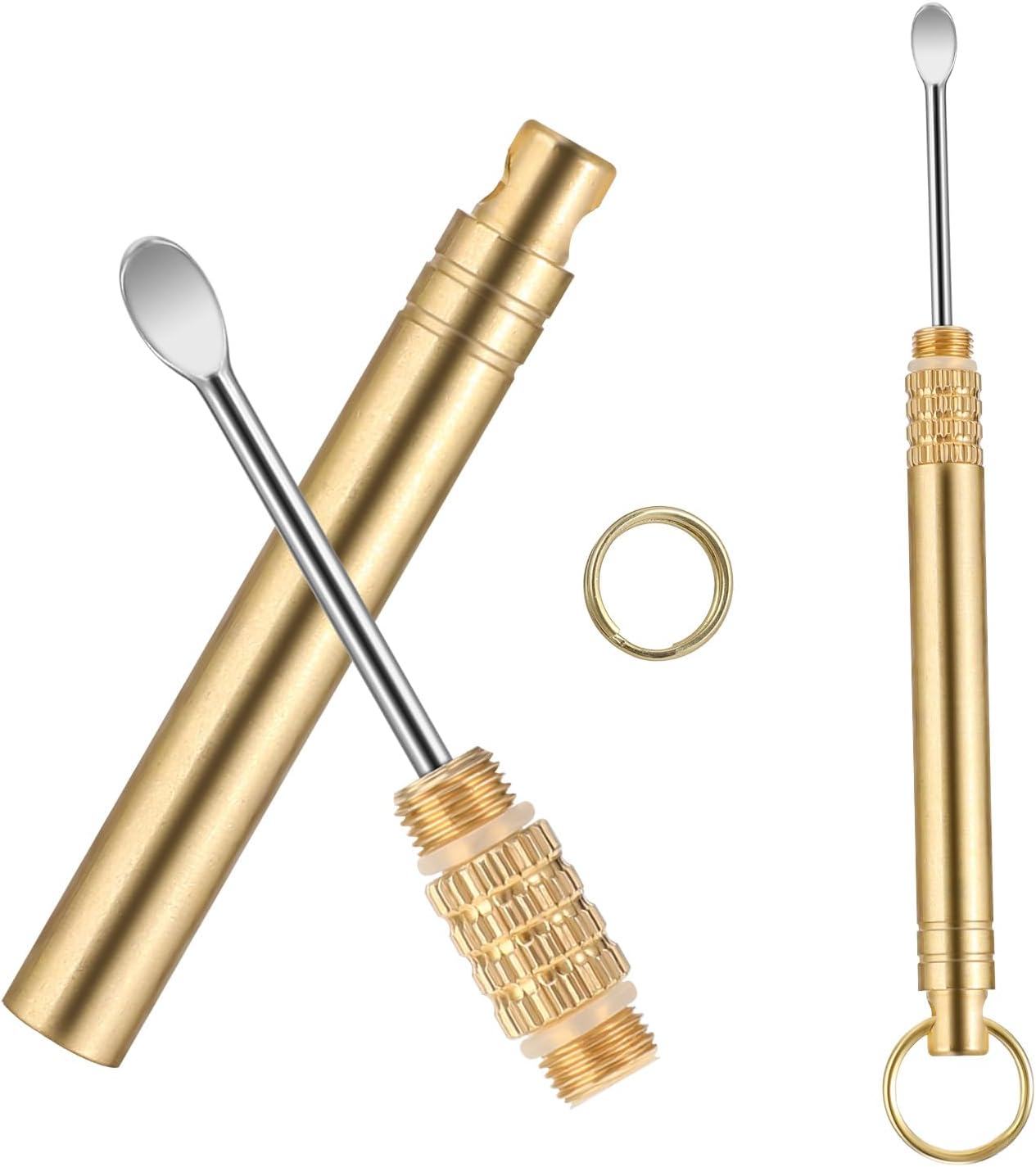 2 PCS Ear Wax Removal Tool, Brass Ear Scoop Folding Type Copper Ear-Pick Cleaner Portable Ear Wax Removal Tools Spiral Ear Clean Tool Attached A Key Ring Mini Tool Supplies, Gold
