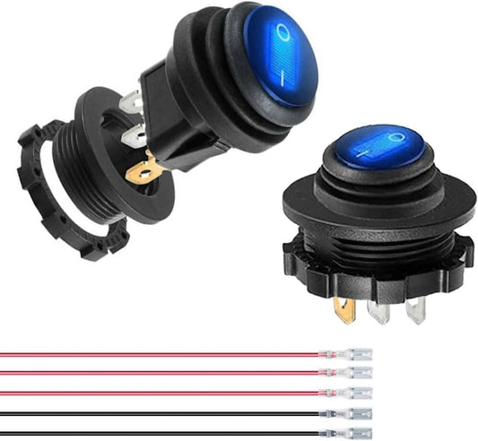 2PCS Waterproof Round Rocker Switches with Shell - 20A 12 Volt Blue Lighted Rocker Toggle Switch SPST 3 Pin Marine On Off Switch - Automotive Power Switches with Wires for Car RV Truck Boat