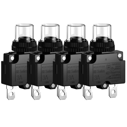 3Amp Circuit Breakers Thermal Overload Switch Protector 88 Series Manual Push Button Reset with Quick Connect Terminals and Waterproof Button Cap 32VDC or 125/250VAC 4PCS 3A