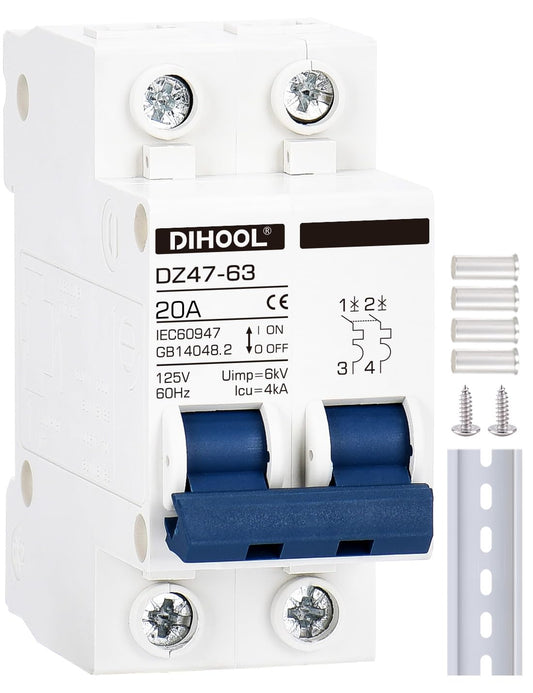 AC Miniature Circuit Breaker,2 Pole 20 Amp 110V Low Voltage Disconnect Switch,DIN Rail Mount 20a