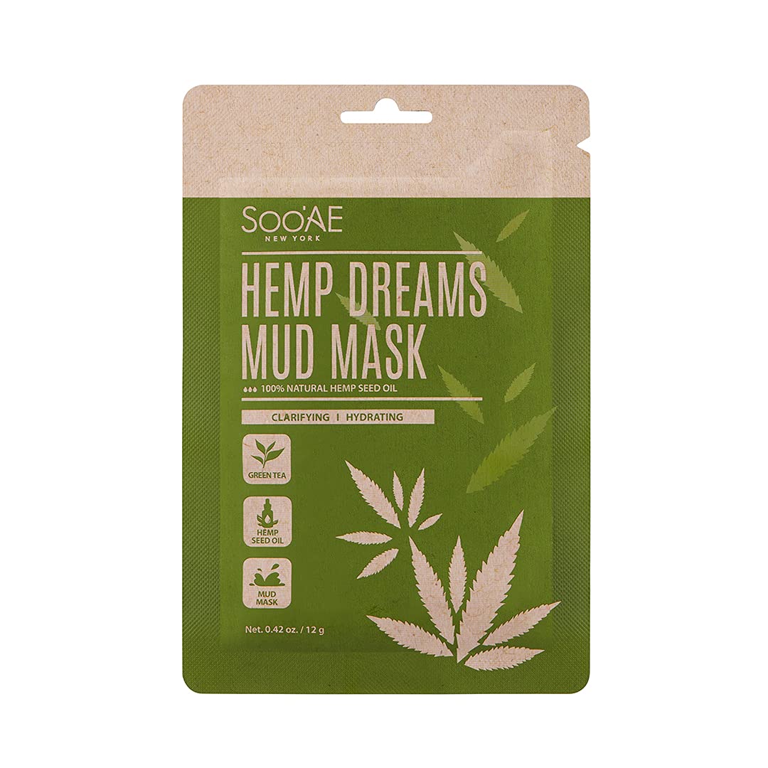 Soo'AE Hemp Dreams Mud Mask [6 Count] 100% Natural Hemp Seed Oil, Best Clarifying & Hydrating, Wash Off Mask with Hemp Seed Oil & Kaolin Mud, Premium Quality, Self Home Spa Care, Value 6 Pack
