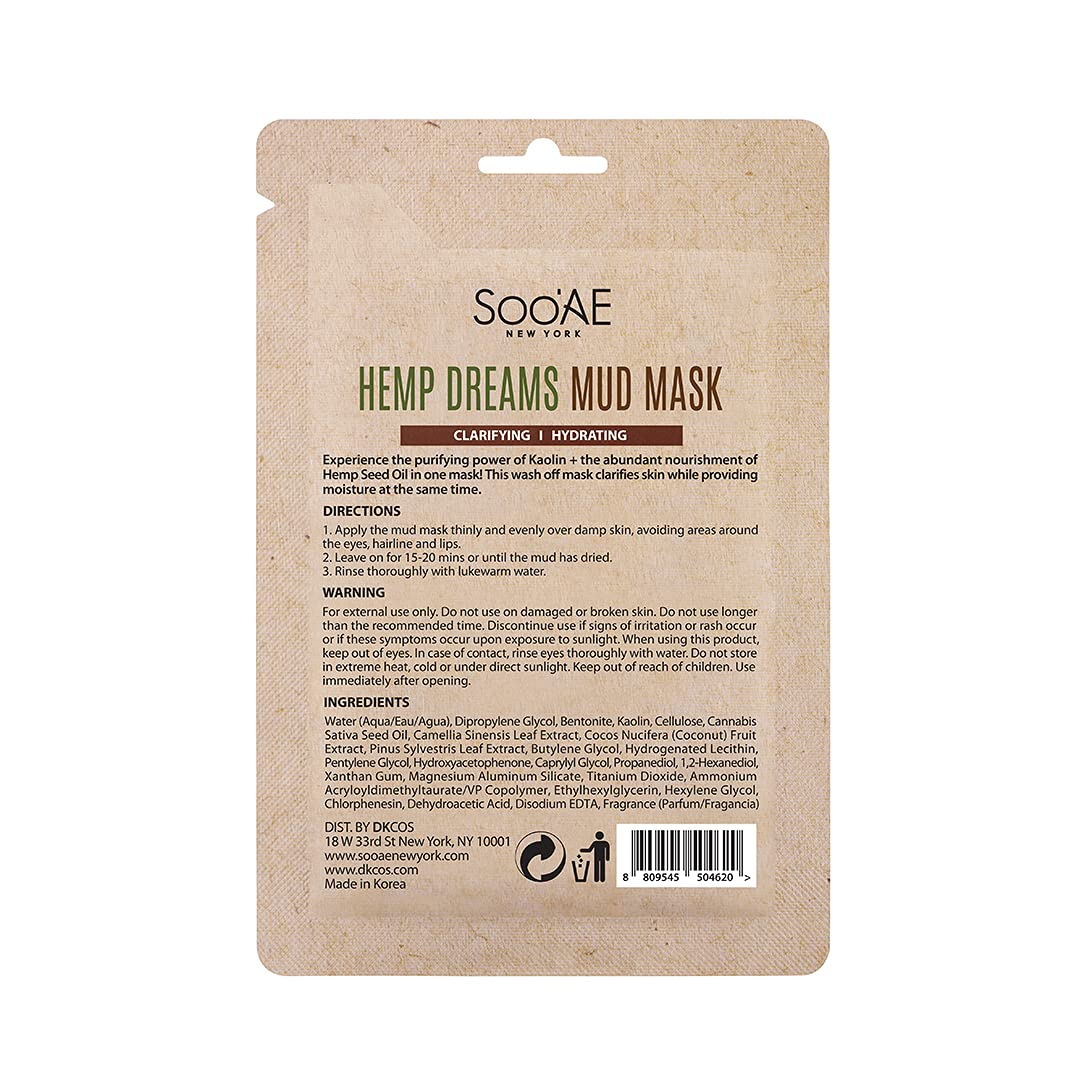 Soo'AE Hemp Dreams Mud Mask [6 Count] 100% Natural Hemp Seed Oil, Best Clarifying & Hydrating, Wash Off Mask with Hemp Seed Oil & Kaolin Mud, Premium Quality, Self Home Spa Care, Value 6 Pack