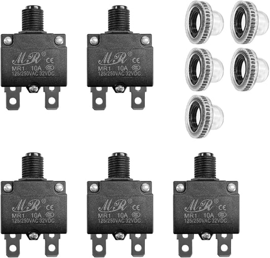 5 PCS Thermal Circuit Breaker, 125/250V AC 32V DC 10A Circuit Breaker with Manual Reset Push Button, Overload Protector Switch with Waterproof Cover for Car, Car Accessories 10A