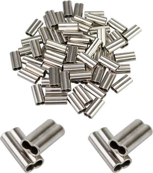 Fishing Swivels Barrel Crimp Sleeves Copper Aluminum Monofilament Fishing Line Connectors Sinlge Double Crimping Loop Sleeves Tube Fishing Wire Leader Inside Dia:2.5*5.1mm-100pcs