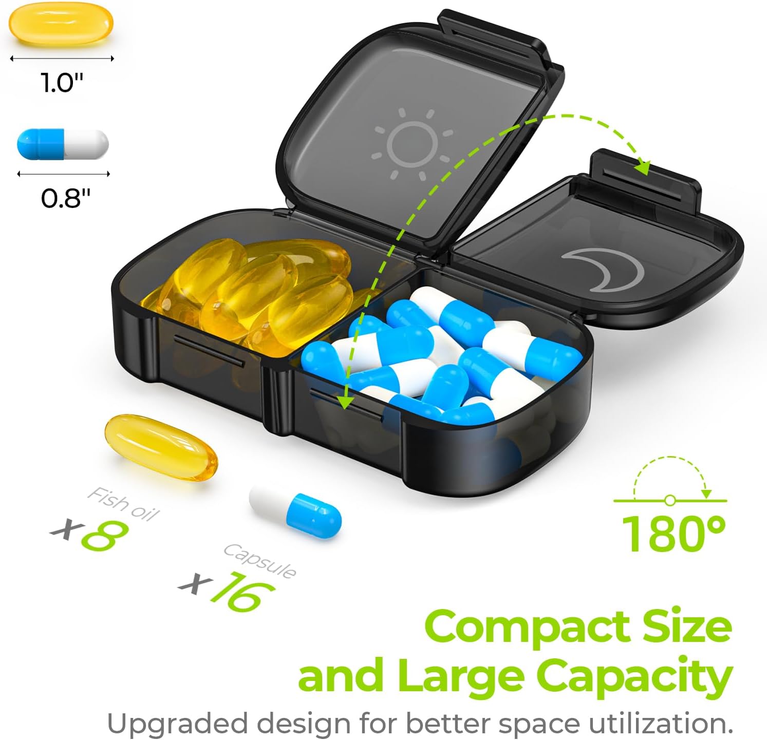 XL Weekly Pill Organizer 2 Times a Day, Pill Box 7 Day with One-Side Large Openings for Easy to Use, Black Privacy Protection AM PM Pill Case for Medication, Vitamins, Fish Oils, Supplements