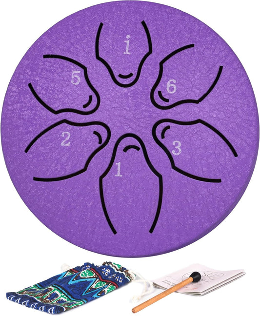 Steel Tongue Drum, Rain Drum Instrument for Kids and Adults with Bag, Mallets, Music Book, 3 Inches 6 Notes Steel Handpan Drum, Mini Outdoor Drum for Camping, Meditation or Yoga (Purple) Purple
