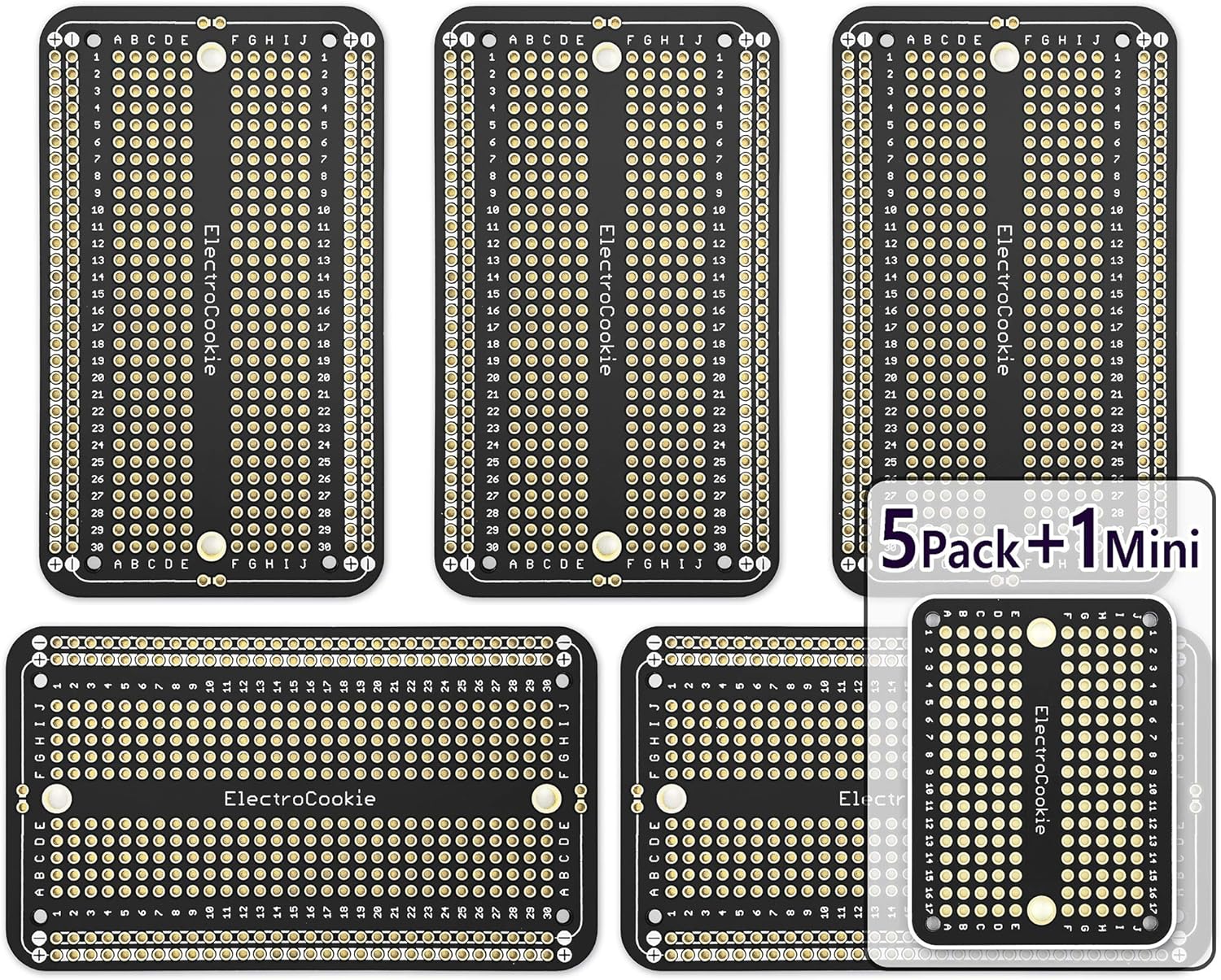 Prototype PCB Solderable Breadboard for Electronics Projects Compatible for DIY Arduino Soldering Projects, Gold-Plated (5 Pack + 1 Mini Board, Matte Black)