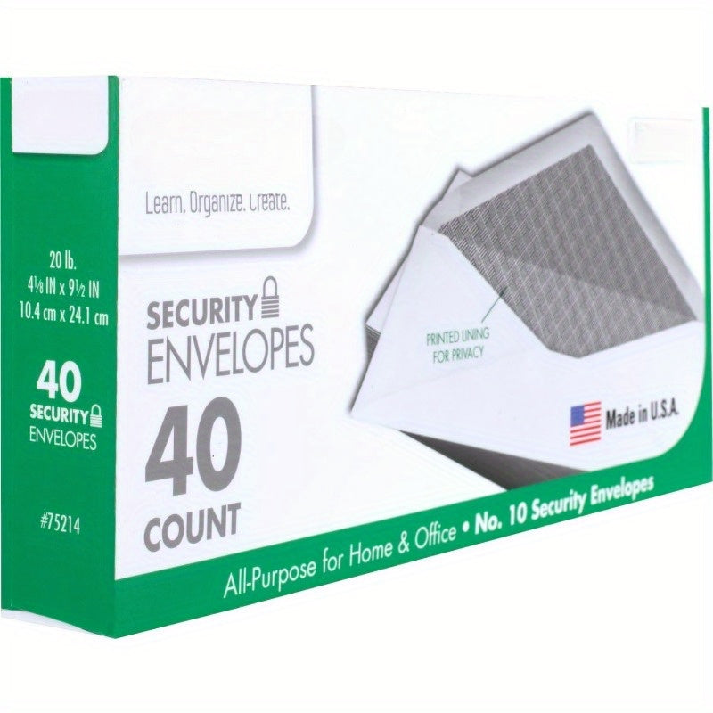 #10 Envelopes, Security Printed Lining for Privacy, Gummed Closure, All-Purpose 20-Ib Paper, 4-1/8" x 9-1/2", White, 40 Letter Size Envelopes per Box (75214)