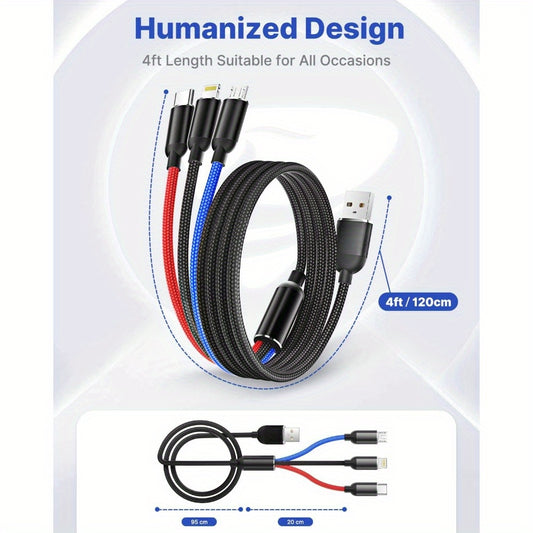 Multi USB Charger Cable - Durable Nylon Braided 3-in-1 Cord with Type-C, Micro USB, and Lightning Compatibility